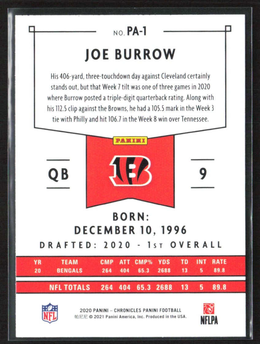 Joe Burrow 2020 Panini Chronicles RC #PA-1 Cincinnati Bengals