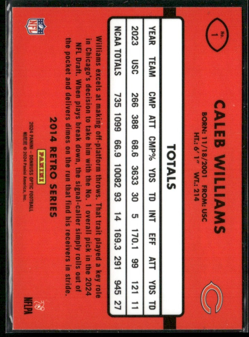Caleb Williams 2024 Donruss Optic Retro Series RC #1 Chicago Bears