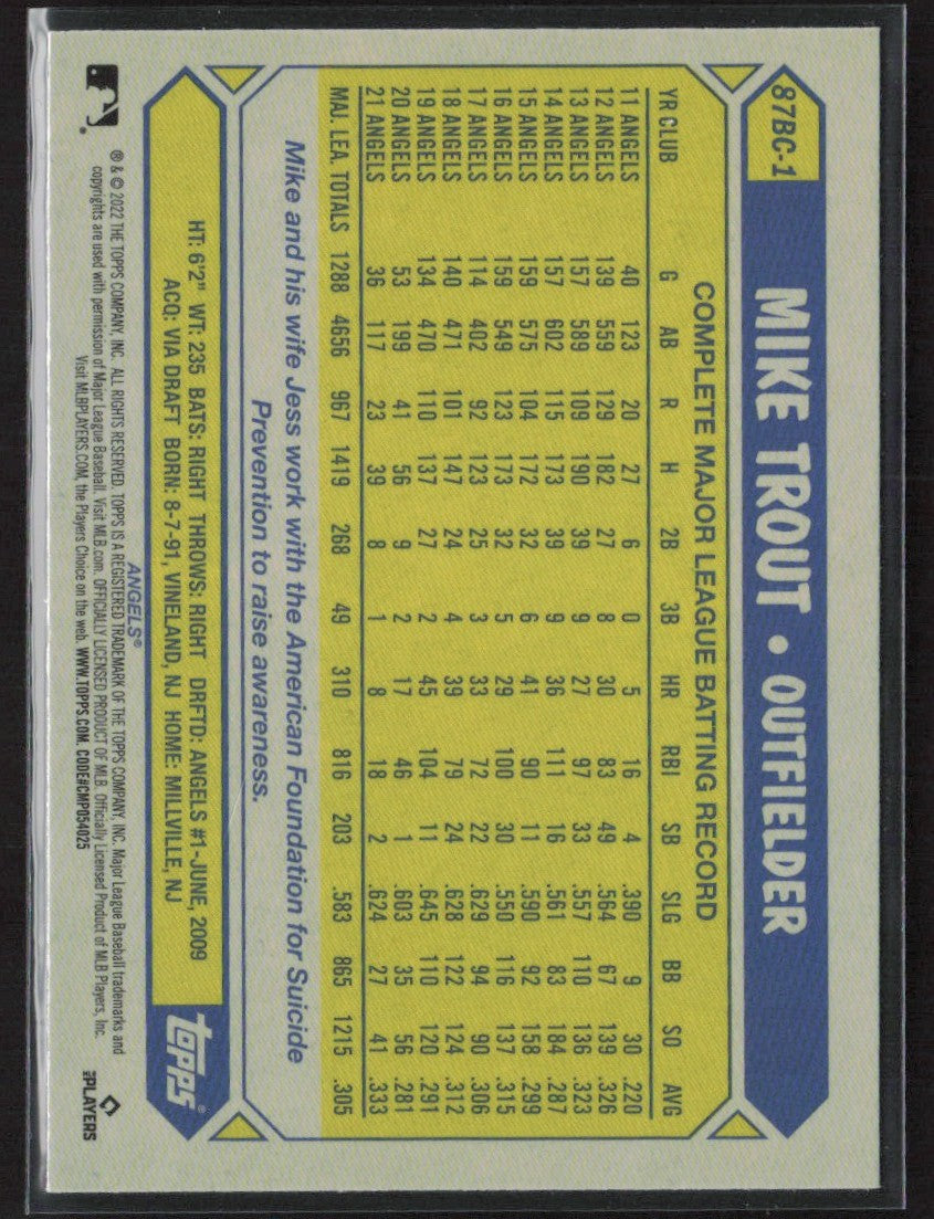 Mike Trout 2022 Topps Chrome 1987 Topps #87BC-1 Los Angeles Angels