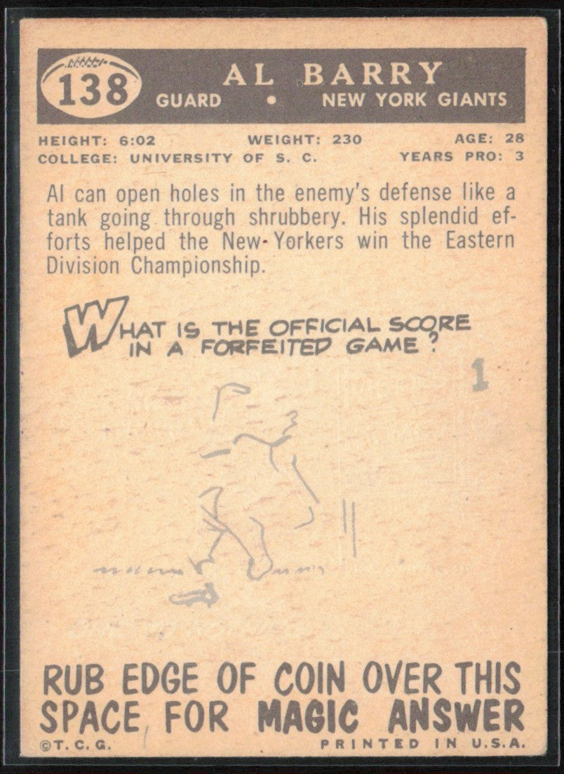 Al Barry 1959 Topps #138 New York Giants