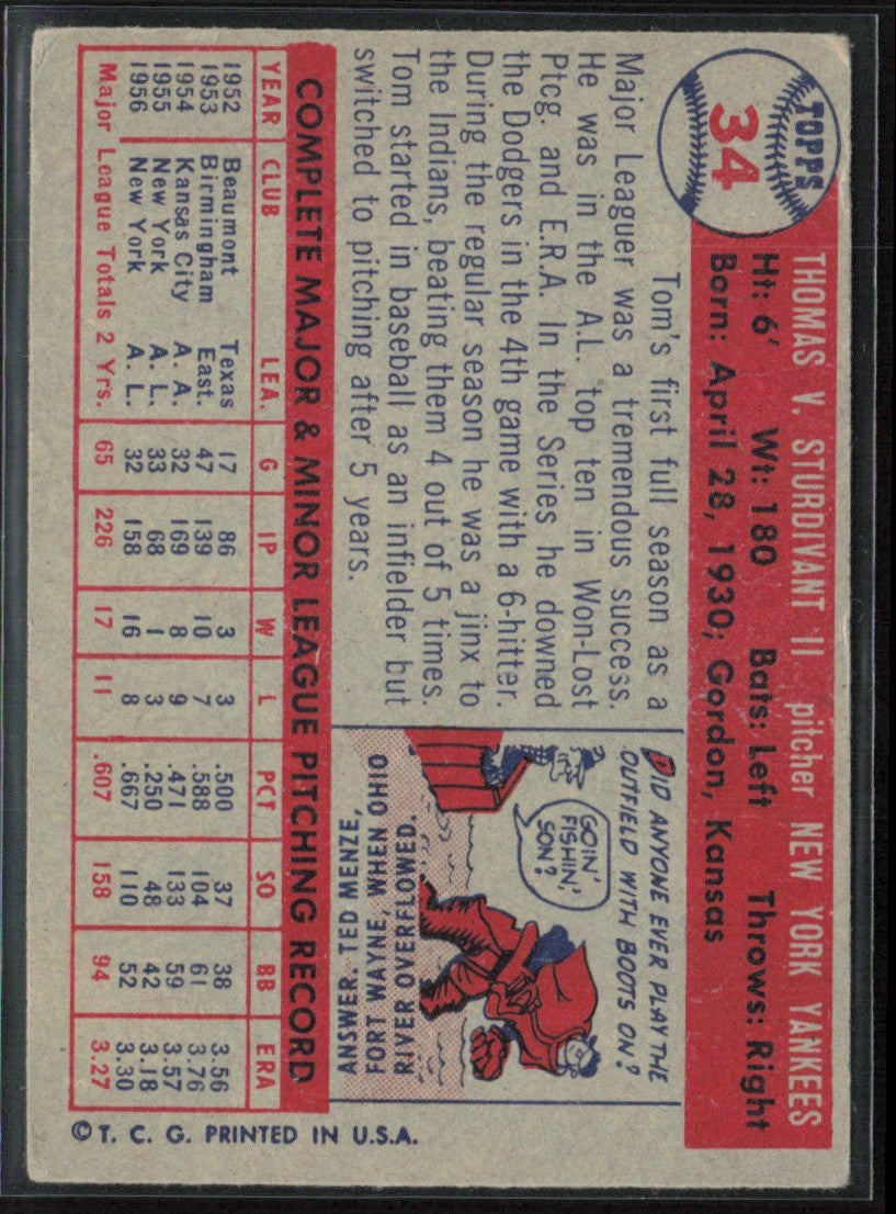 Tom Sturdivant 1957 Topps RC #34 New York Yankees