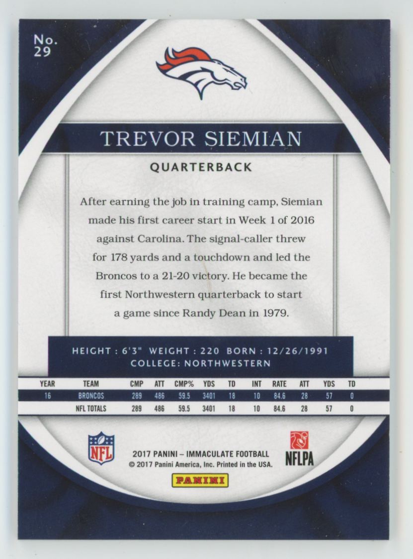 Trevor Siemian 2017 Panini Immaculate /99 #29 Denver Broncos