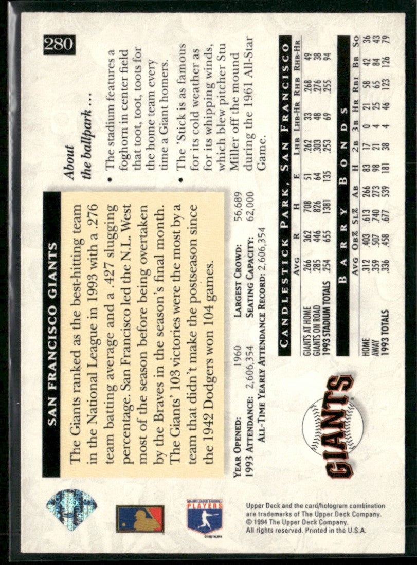 Barry Bonds 1994 Upper Deck Home Field Advantage #280 San Francisco Giants