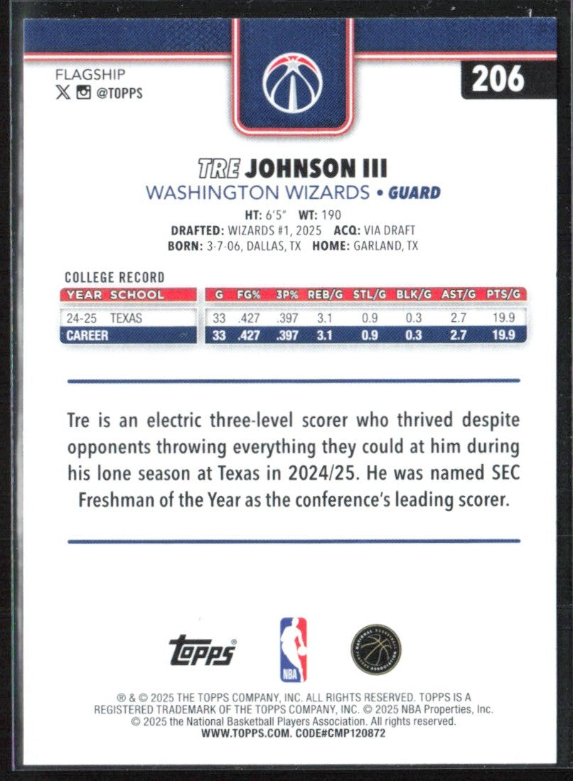 Tre Johnson III 2025 Topps RC #206 Washington Wizards