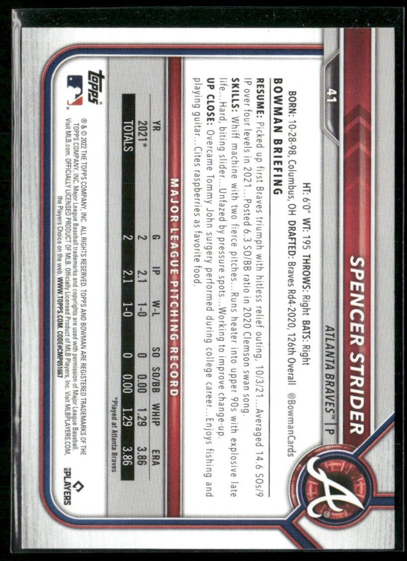 Spencer Strider 2022 Bowman RC #41 Atlanta Braves