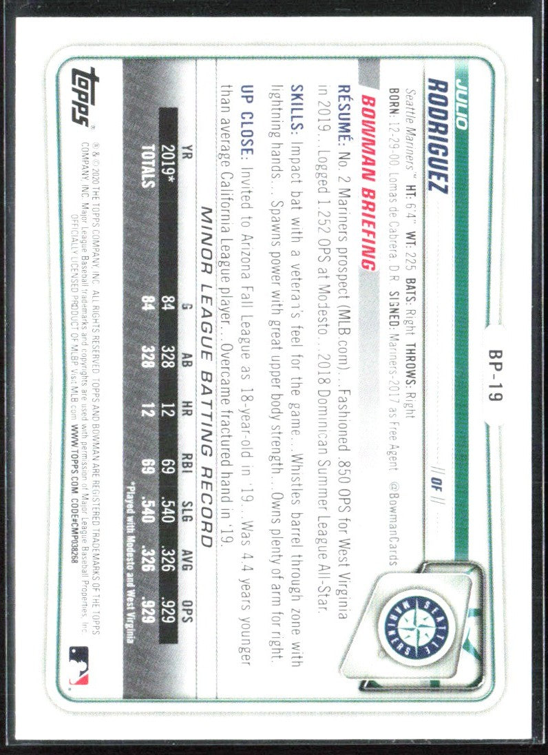 Julio Rodriguez 2020 Bowman #BP-19 Seattle Mariners