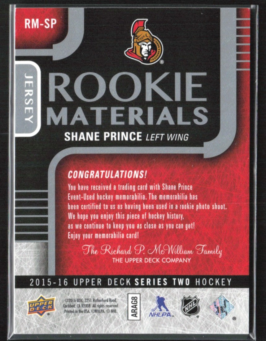 Shane Prince 2015 Upper Deck RC Jersey #RM-SP Ottawa Senators