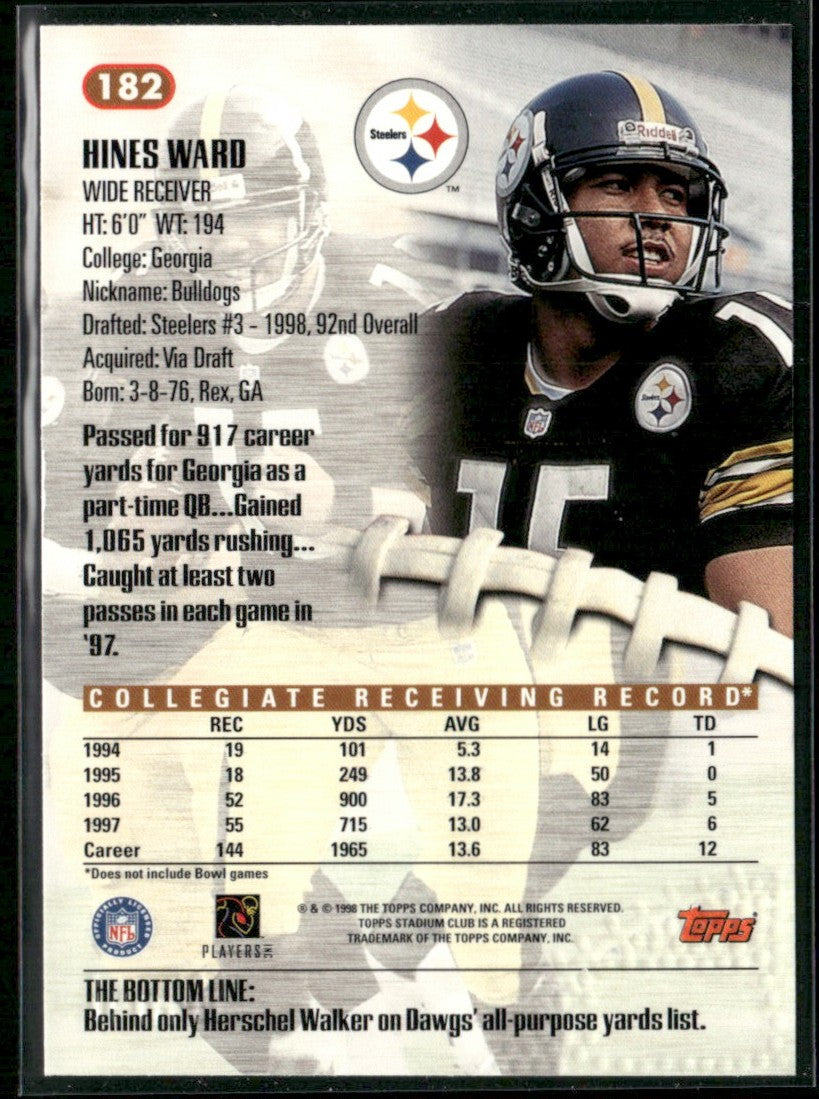 Hines Ward 1998 Topps Stadium Club RC #182 Pittsburgh Steelers