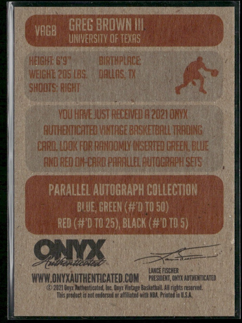 Greg Brown III 2021 Onyx Vintage AUTO #VAGB University of Texas