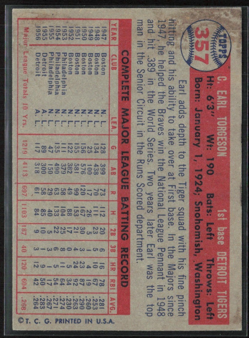 Earl Torgeson 1957 Topps #357 Detroit Tigers