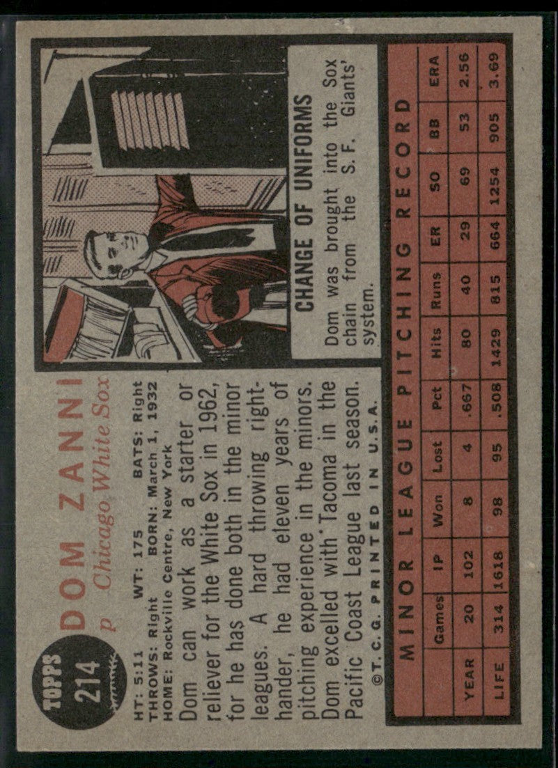 Dom Zanni 1962 Topps #214 Chicago White Sox