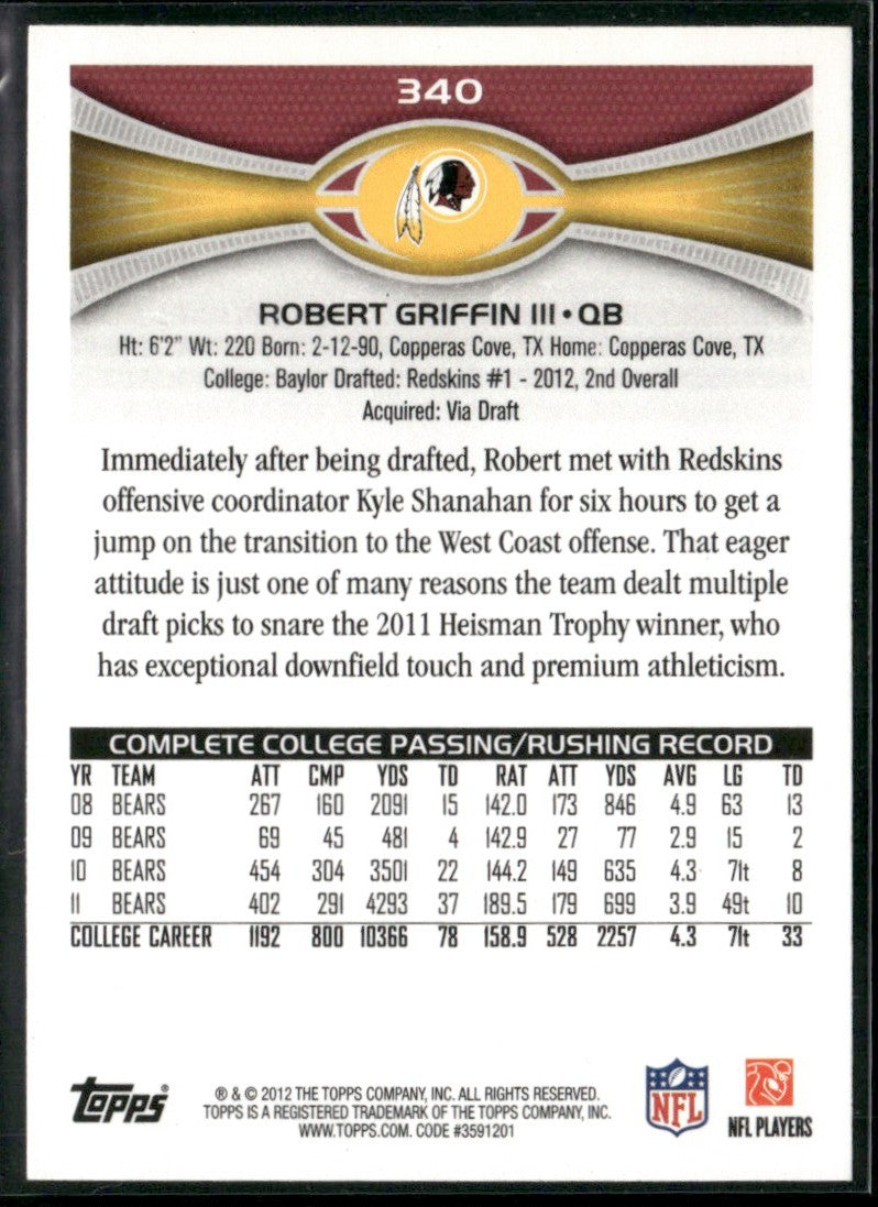 Robert Griffin III 2012 Topps RC #340 Washington Redskins