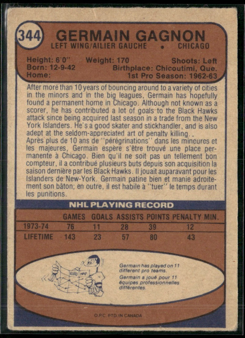 Germain Gagnon 1974 O-Pee-Chee #344 Chicago Blackhawks
