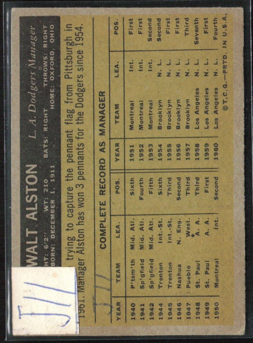 Walt Alston 1961 Topps Sticker on Back Los Angeles Dodgers