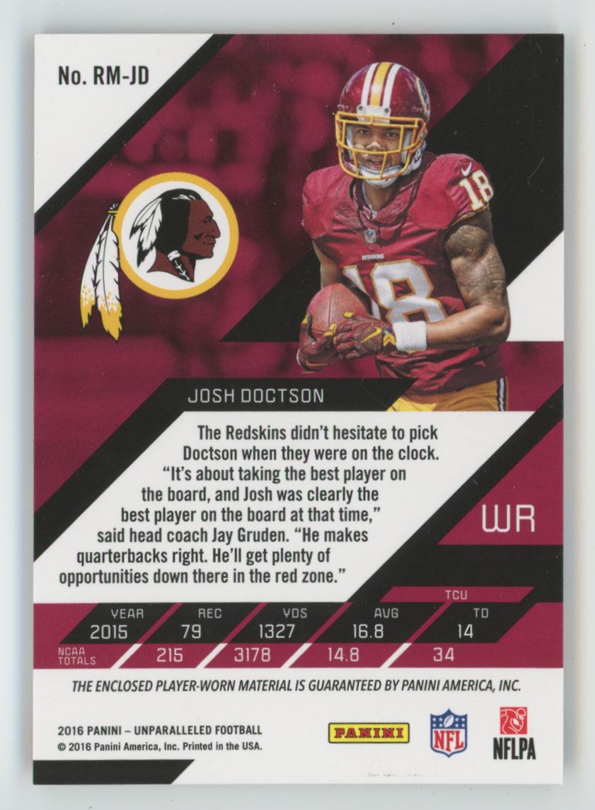 Josh Doctson 2016 Panini Unparalleled Rookie Materials Dual /199 Jersey #RM-JD