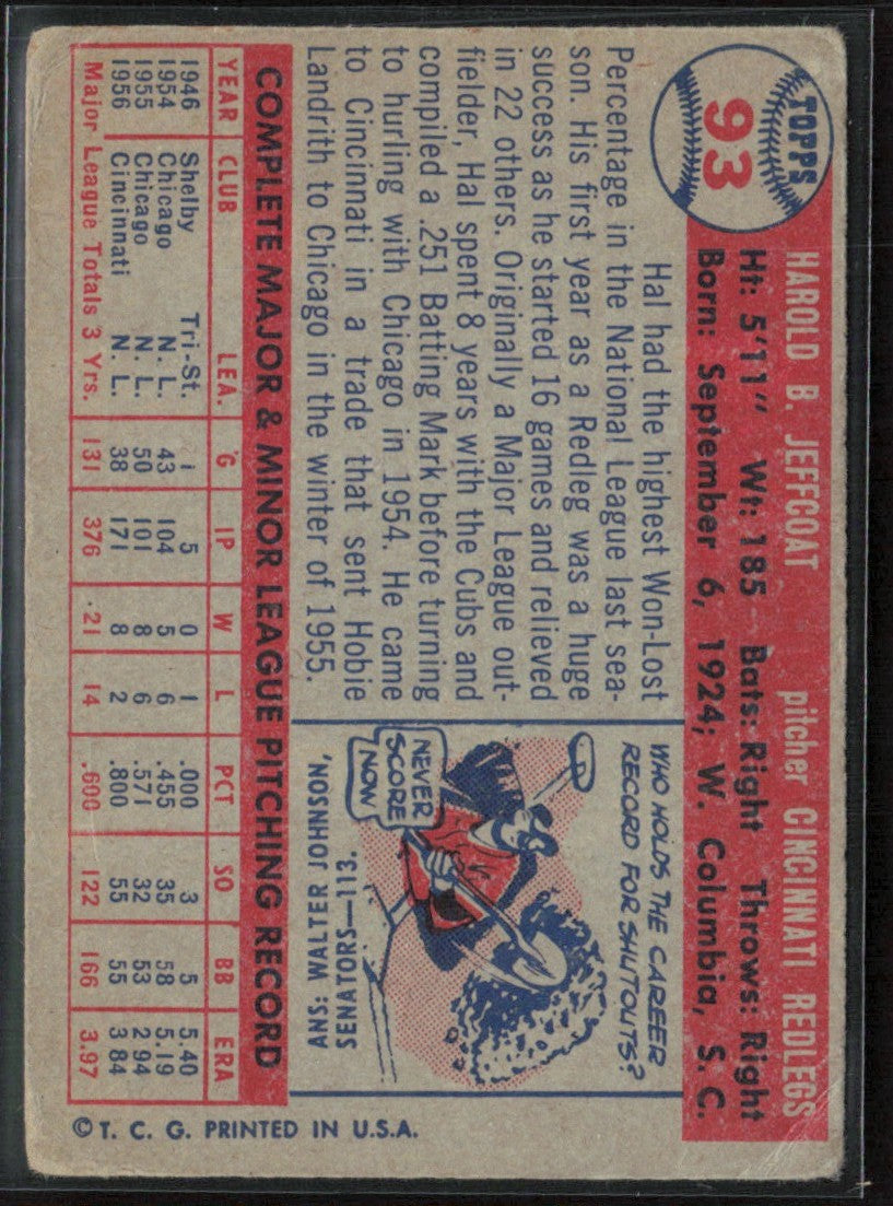 Hal Jeffcoat 1957 Topps #93 Cincinnati Redlegs