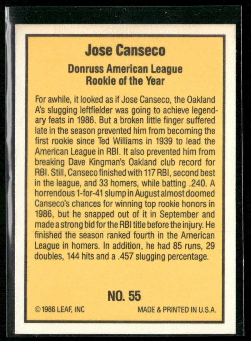 Jose Canseco 1986 Donruss Highlights #55 Oakland Athletics