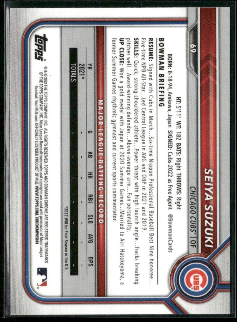 Seiya Suzuki 2022 Bowman Chrome RC #69 Chicago Cubs