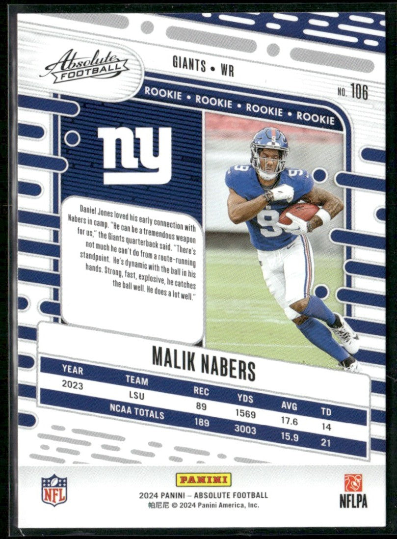 Malik Nabers 2024 Panini Absolute RC #106 New York Giants