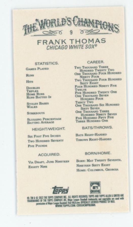 Frank Thomas 2022 Topps Allen & Ginter Mini #9 Chicago White Sox