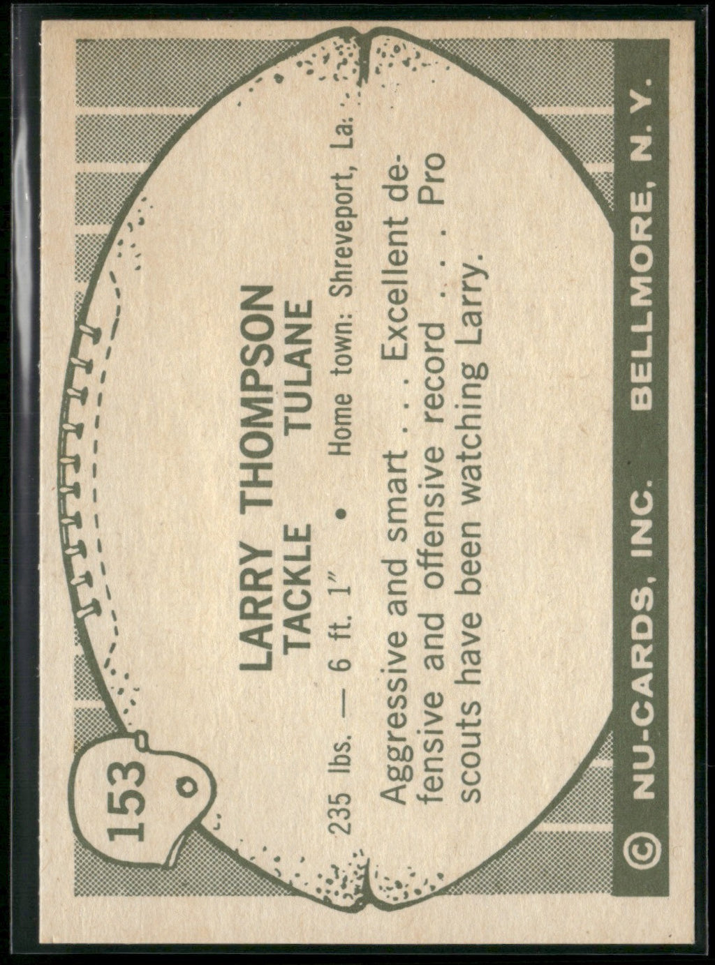 Larry Thompson 1961 Nu-Cards #153 Tulane Green Wave