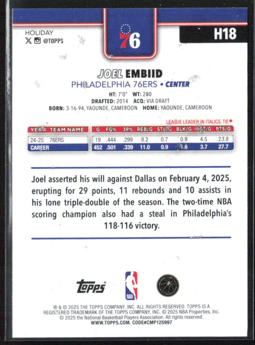 Joel Embiid 2025 Topps Holiday Silver Glitter #H18 Philadelphia 76ers