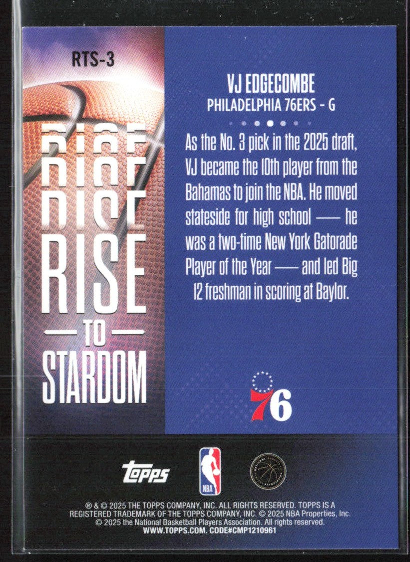 VJ Edgecombe 2025 Topps Rise to Stardom RC #RTS-3 Philadelphia 76ers