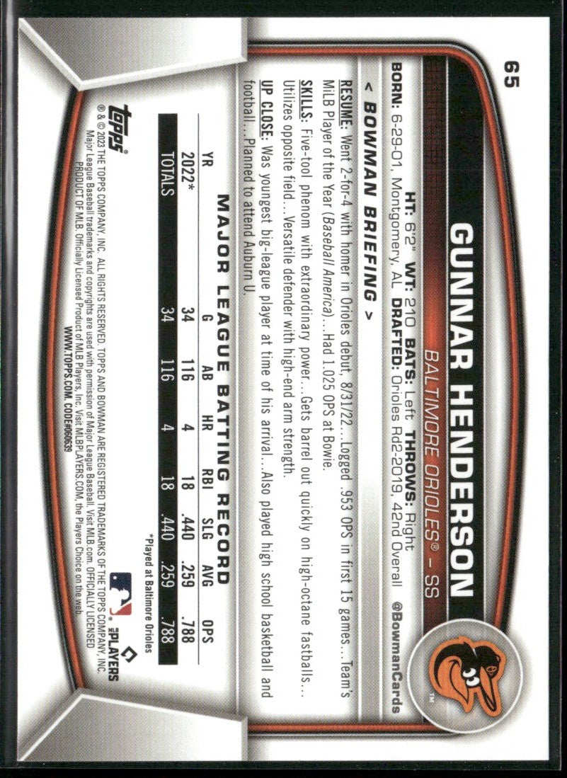 Gunnar Henderson 2023 Bowman RC #65 Baltimore Orioles