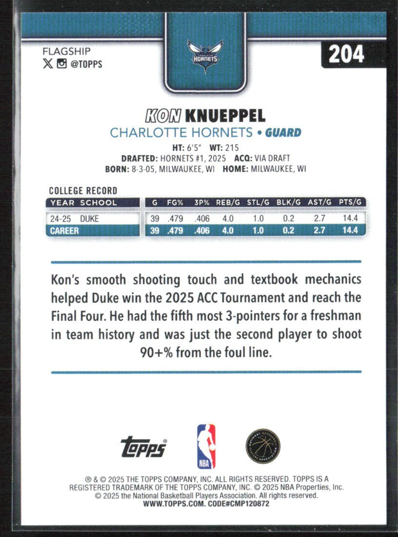 Kon Knueppel 2025 Topps RC #204 Charlotte Hornets