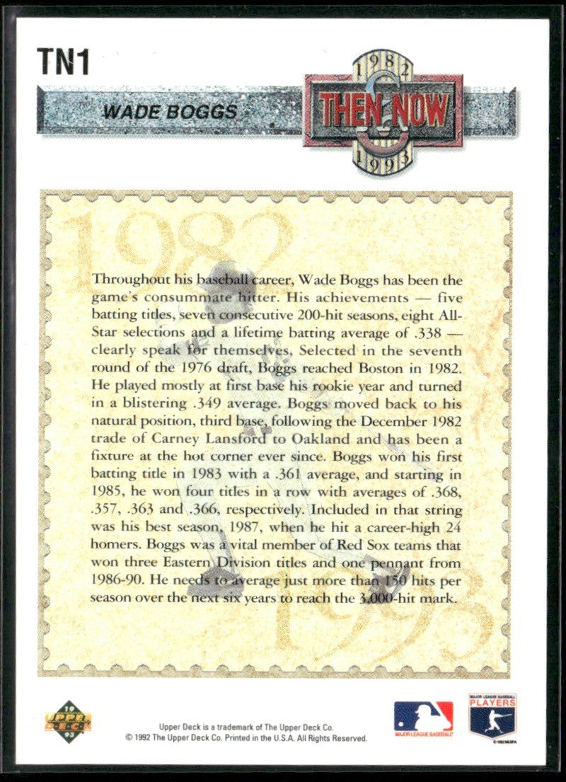 Wade Boggs 1993 Upper Deck Then and Now #TN1 Boston Red Sox