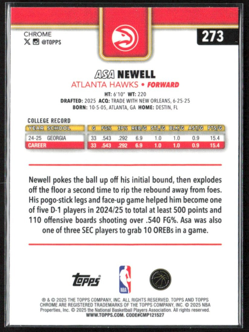 Asa Newell 2025 Topps Chrome RC #273 Atlanta Hawks