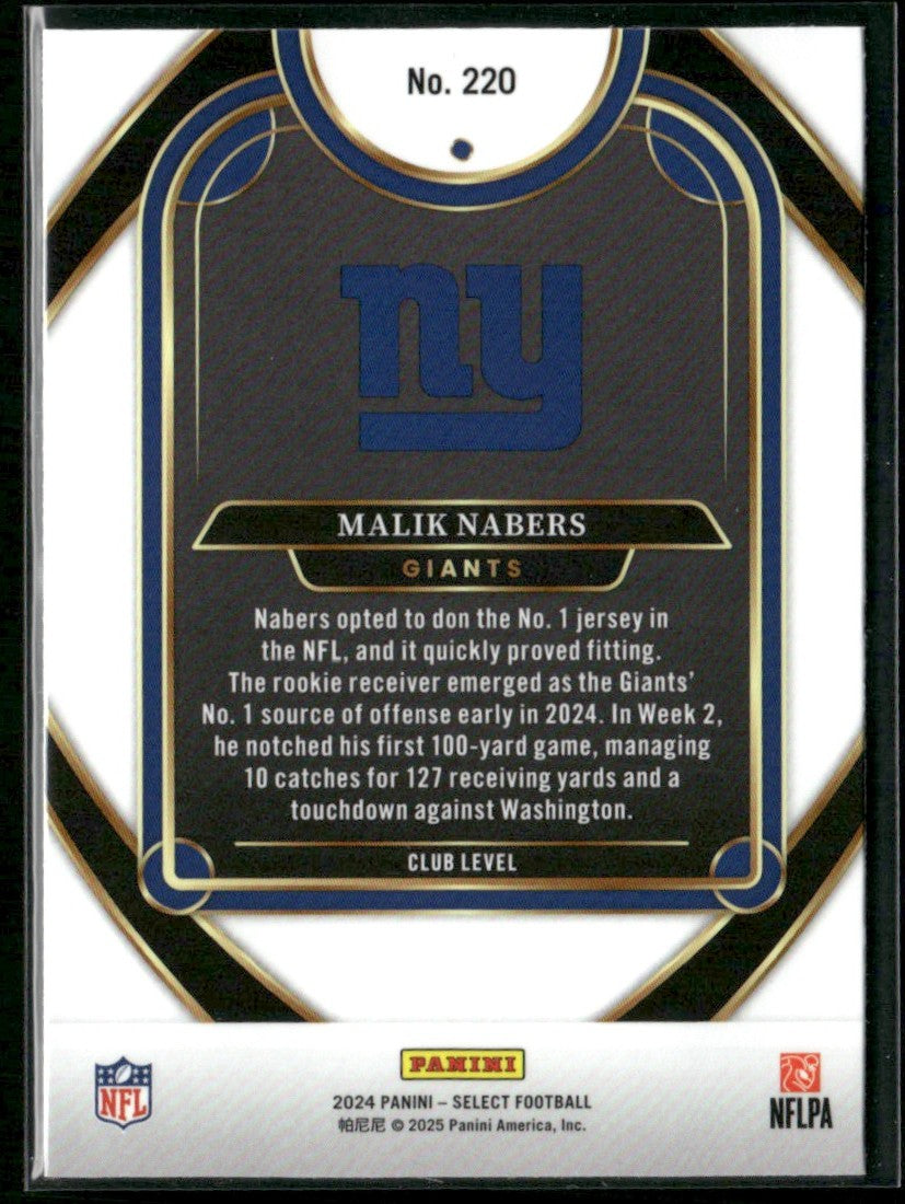 Malik Nabers 2024 Panini Select Club RC #220 New York Giants