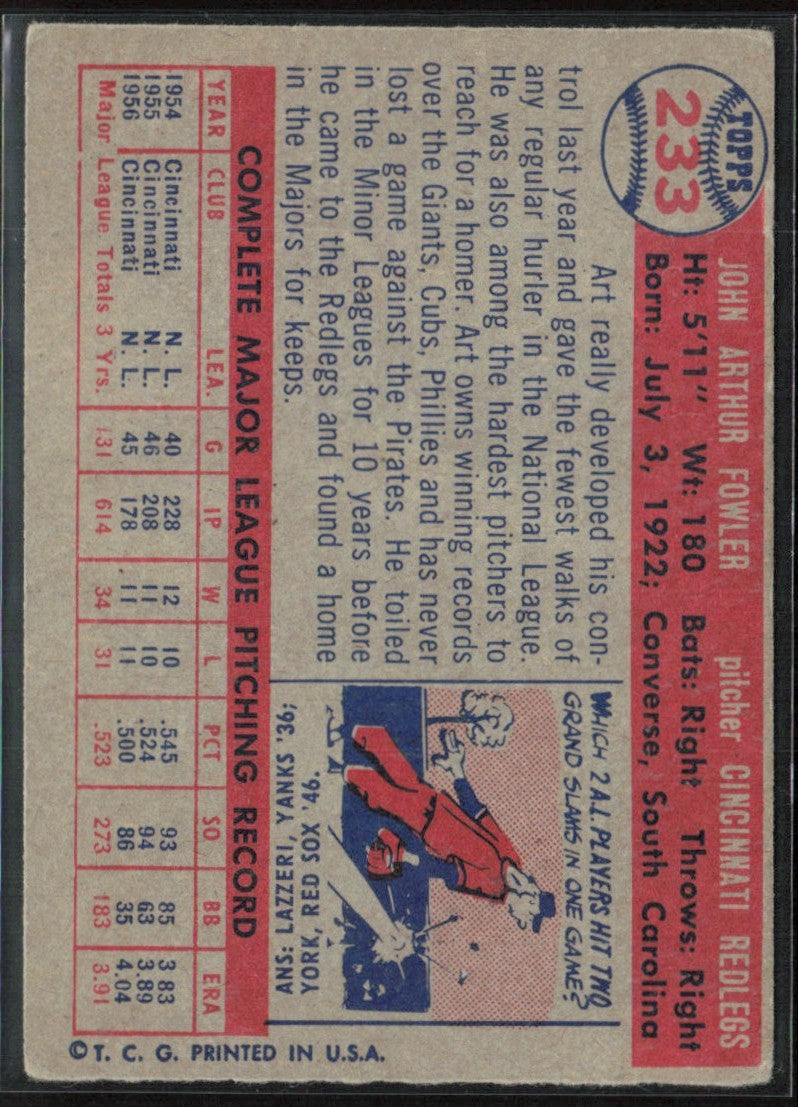 Art Fowler 1957 Topps #233 Cincinnati Redlegs