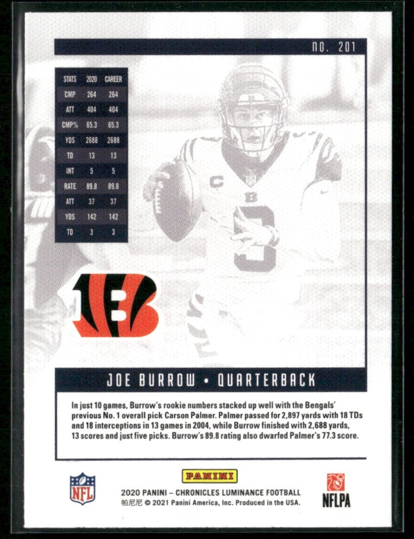 Joe Burrow 2020 Panini Chronicles Luminance RC #201 Cincinnati Bengals