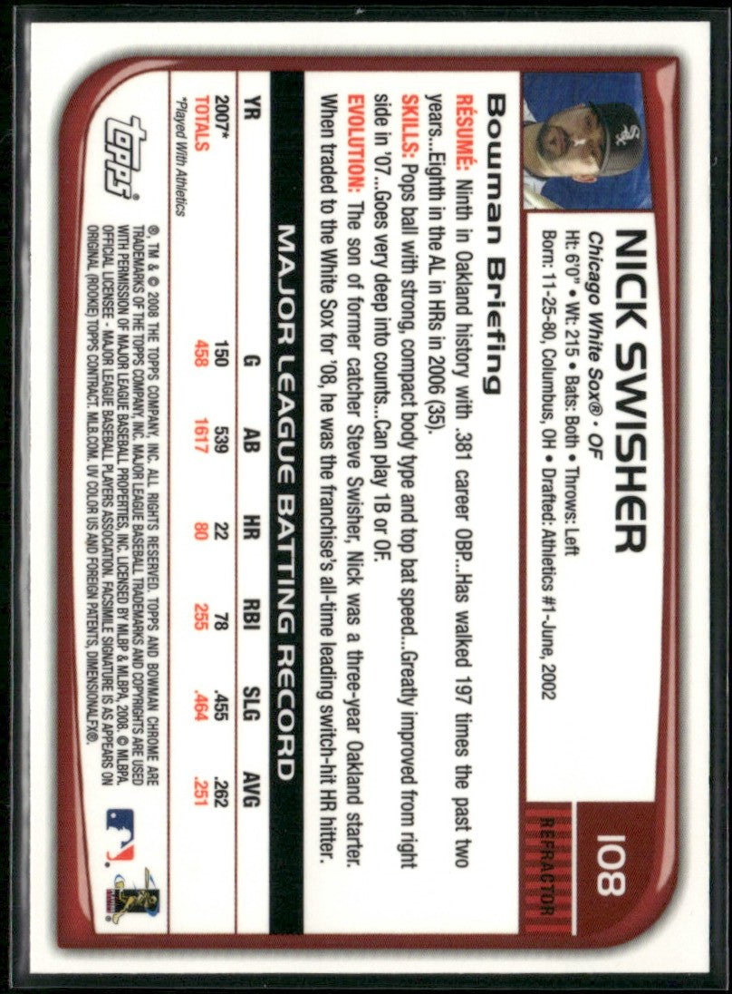 Nick Swisher 2008 Bowman Chrome Refractor #108 Chicago White Sox