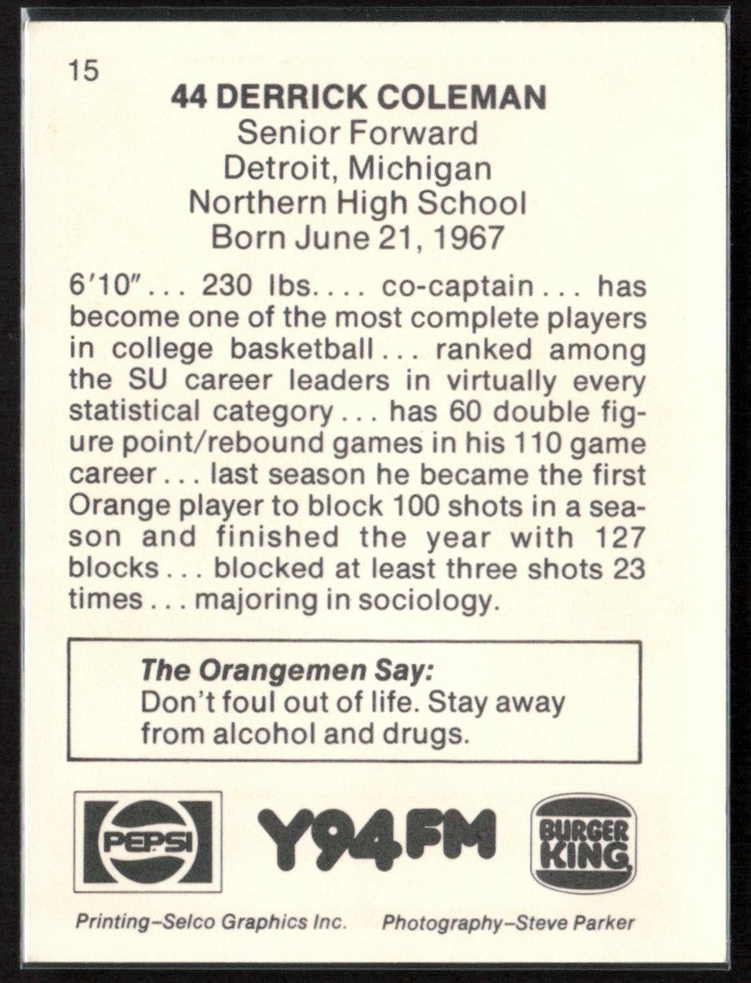 Derrick Coleman 1989 Pepsi Selco Graphics #15 Syracuse Orangemen
