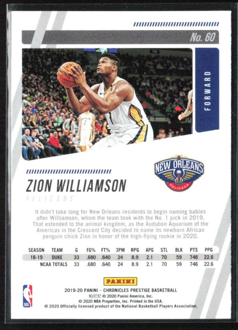 Zion Williamson 2019 Panini Chronicles Prestige Pink RC #60 New Orleans Pelicans