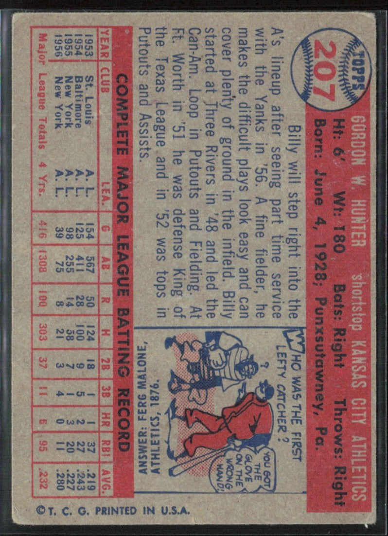 Billy Hunter 1957 Topps #207 Kansas City Athletics