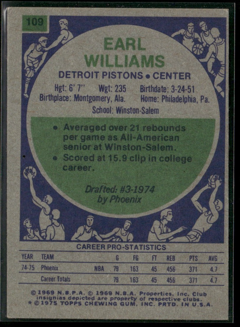 Earl Williams 1975 Topps RC #109 Detroit Pistons