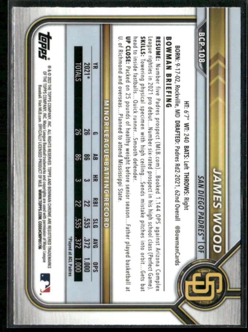 James Wood 2022 Bowman Chrome 1st #BCP-108 San Diego Padres