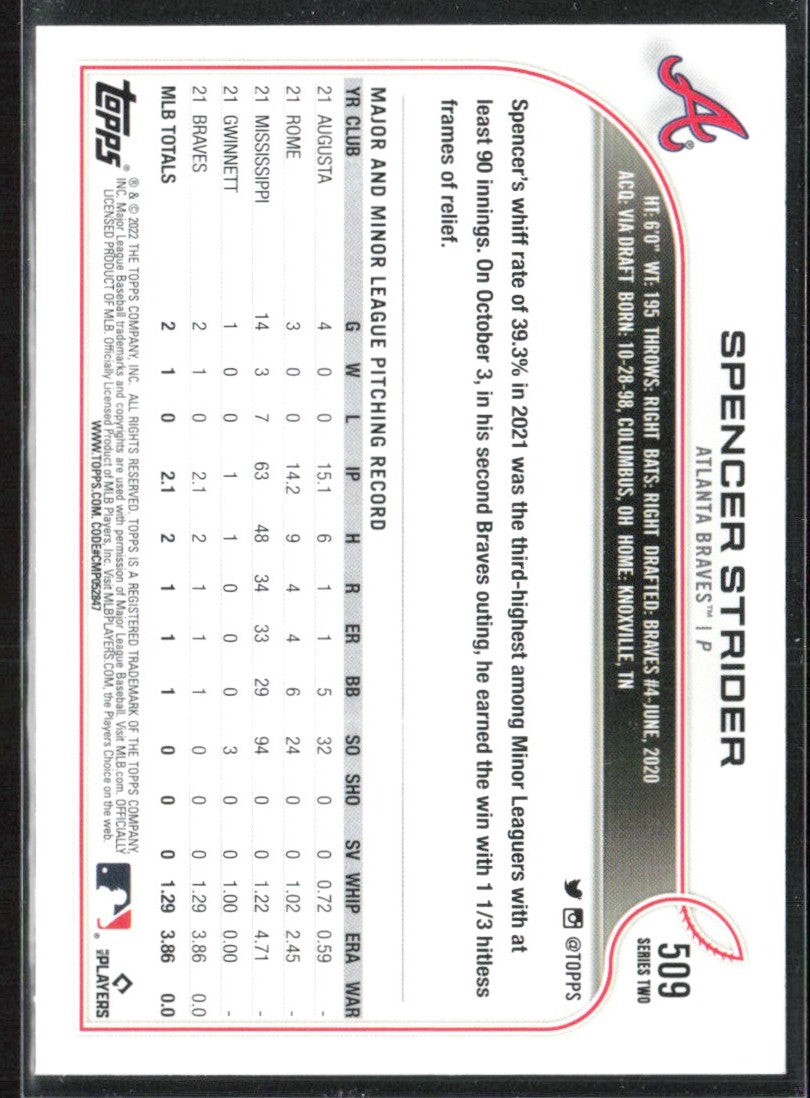 Spencer Strider 2022 Topps RC #509 Atlanta Braves