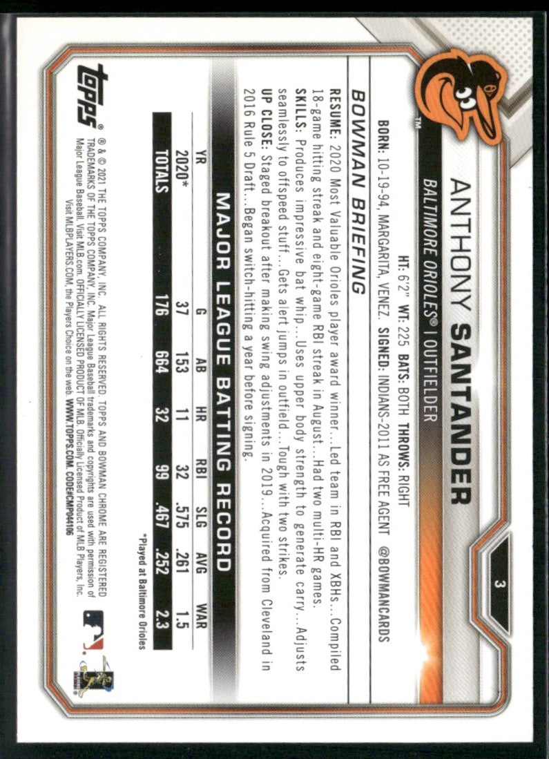 Anthony Santander 2021 Bowman Sky Blue /499 #3 Baltimore Orioles
