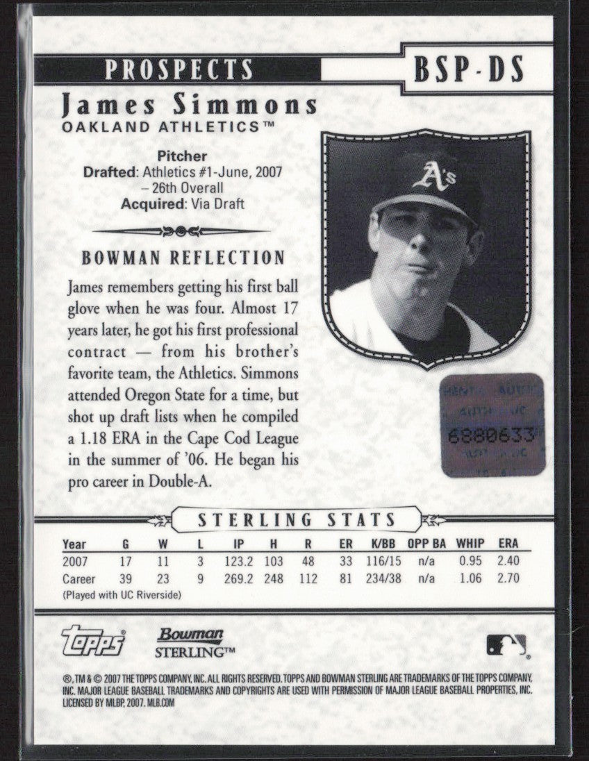 James Simmons 2007 Bowman Sterling AUTO #BSP-DS Oakland Athletics