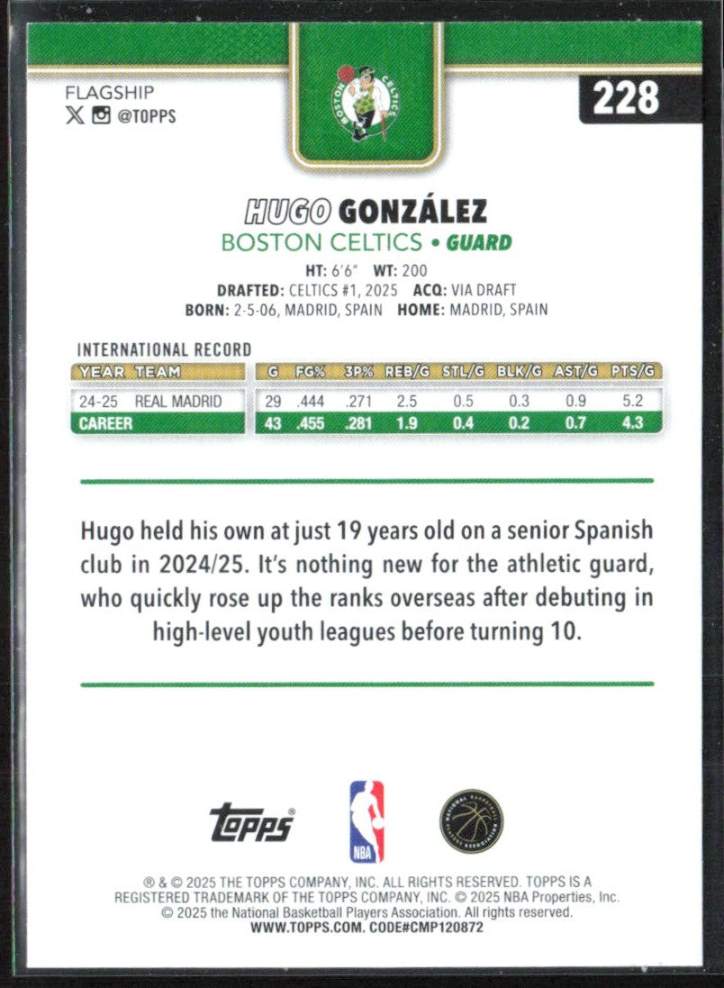 Hugo Gonzalez 2025 Topps RC #228 Boston Celtics