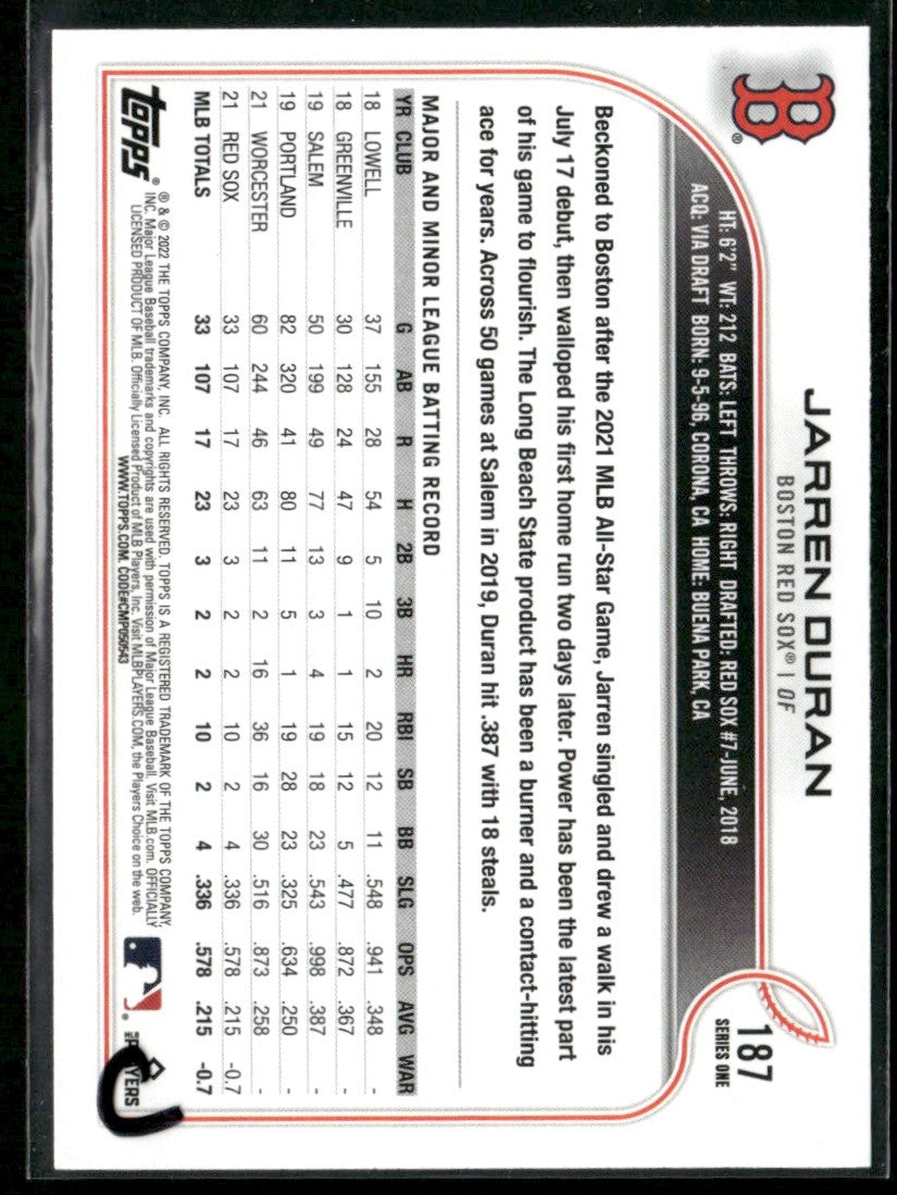 Jarren Duran 2022 Topps RC #187 Boston Red Sox