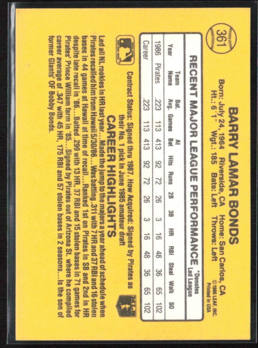 Barry Bonds 1987 Donruss RC #361 Pittsburgh Pirates