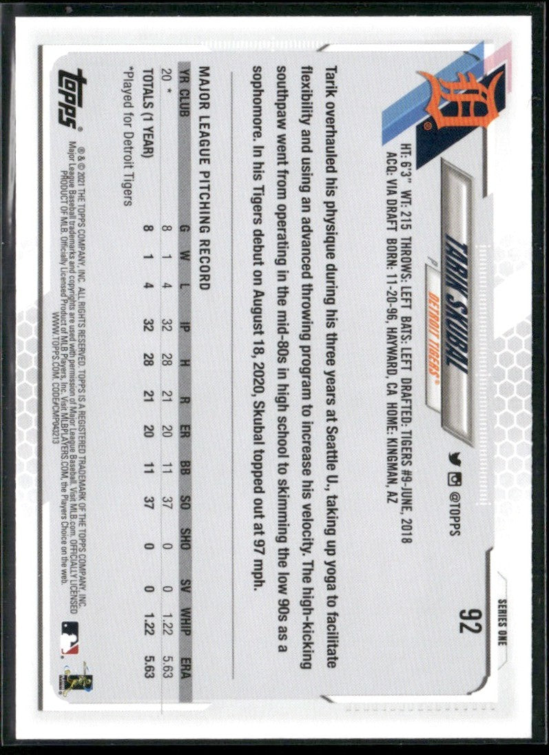 Tarik Skubal 2021 Topps RC #92 Detroit Tigers