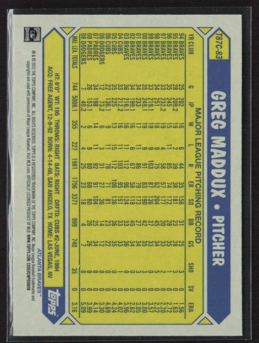 Greg Maddux 2022 Topps 1987 Topps Chrome Silver Pack Mojo #T87C-83