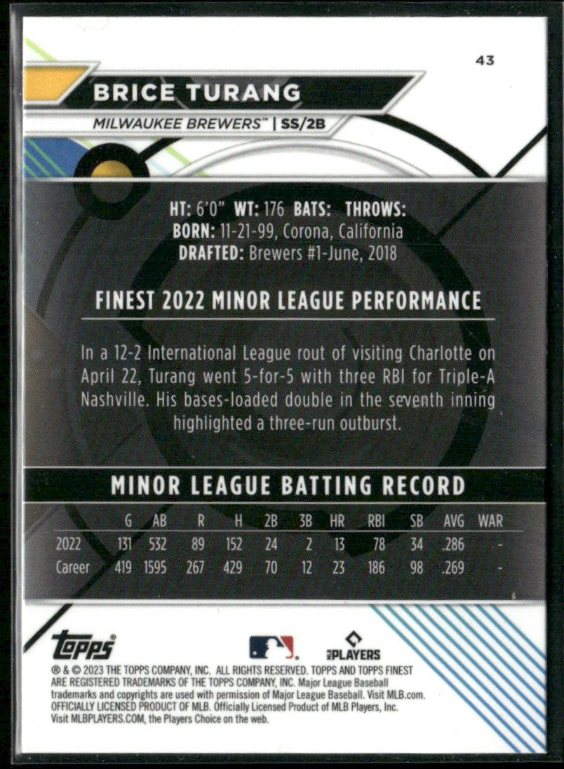 Brice Turang 2023 Topps Finest RC #43 Milwaukee Brewers