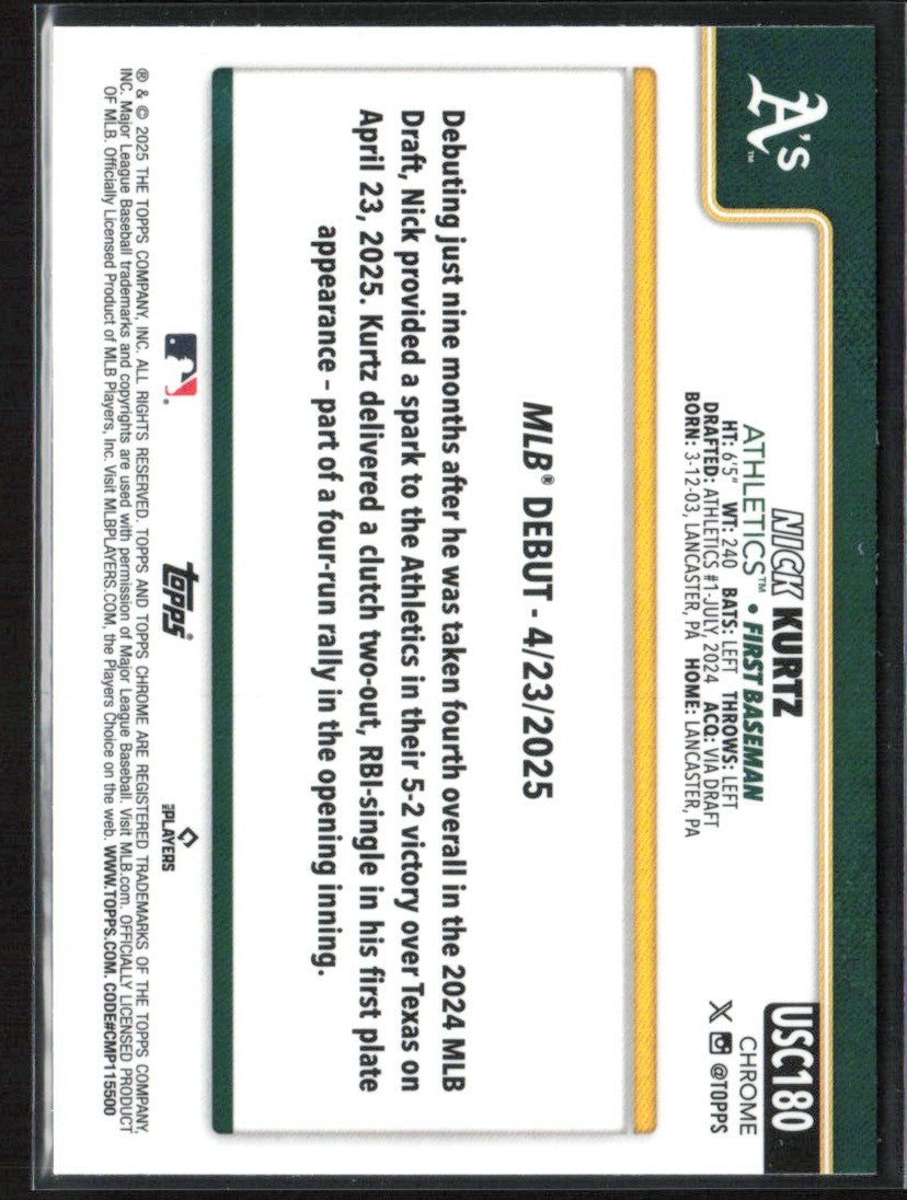 Nick Kurtz 2025 Topps Chrome Update RC #USC180 Athletics
